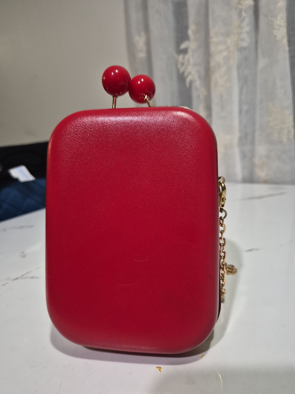 Red Mini Box Clutch with Gold Chain. Elizabeth Arden